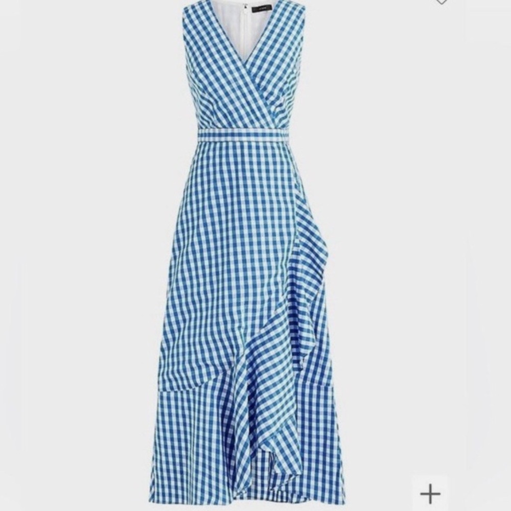 J.Crew 6 Gingham Wrap‎ Dress Blue White Midi Sleeveless Ruffle Hem V-neck - Picture 3 of 3
